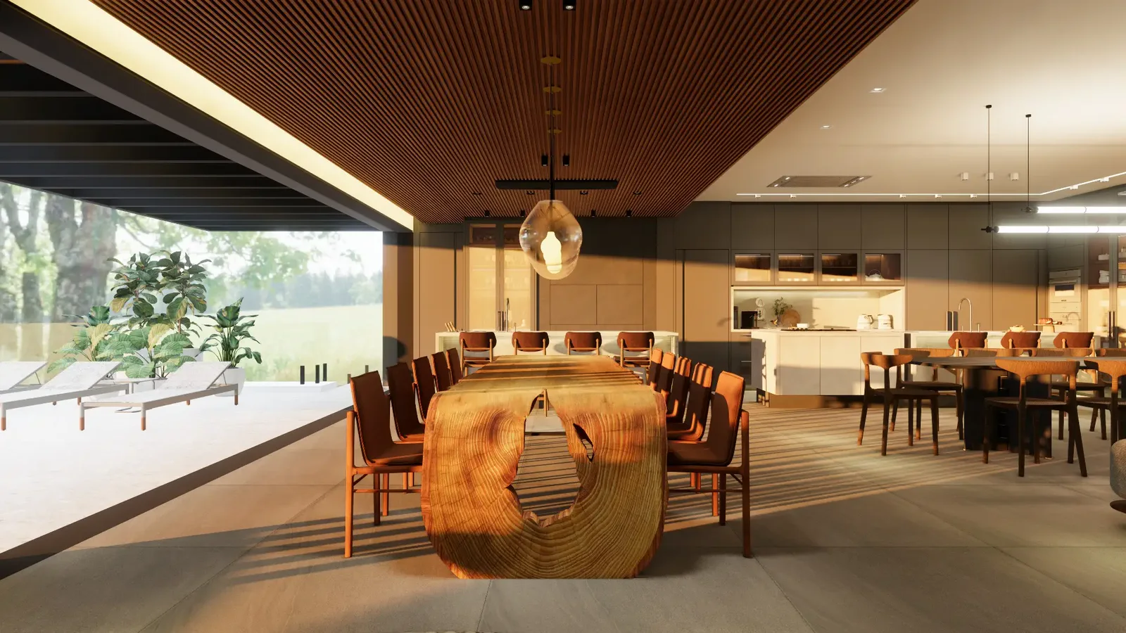 Sala de jantar com mesa de tronco maciço, forro ripado em madeira e abertura para o terraço