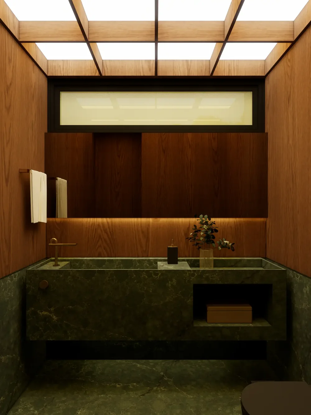 Lavabo em mármore verde com marcenaria amadeirada e forro luminoso
