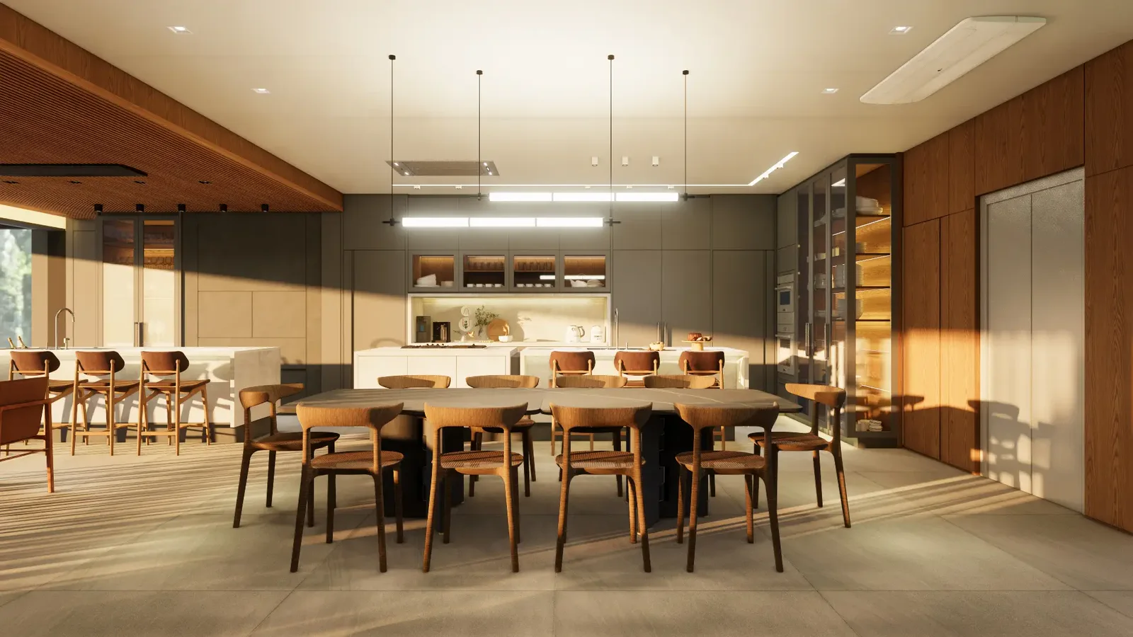 Mesa de jantar comprida com cadeiras de couro e cozinha integrada ao fundo